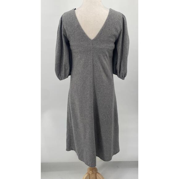 Zara Wool Blend Puff Sleeve Midi Dress V Neck Pleated Front Grey Womens Medium - Picture 4 of 5